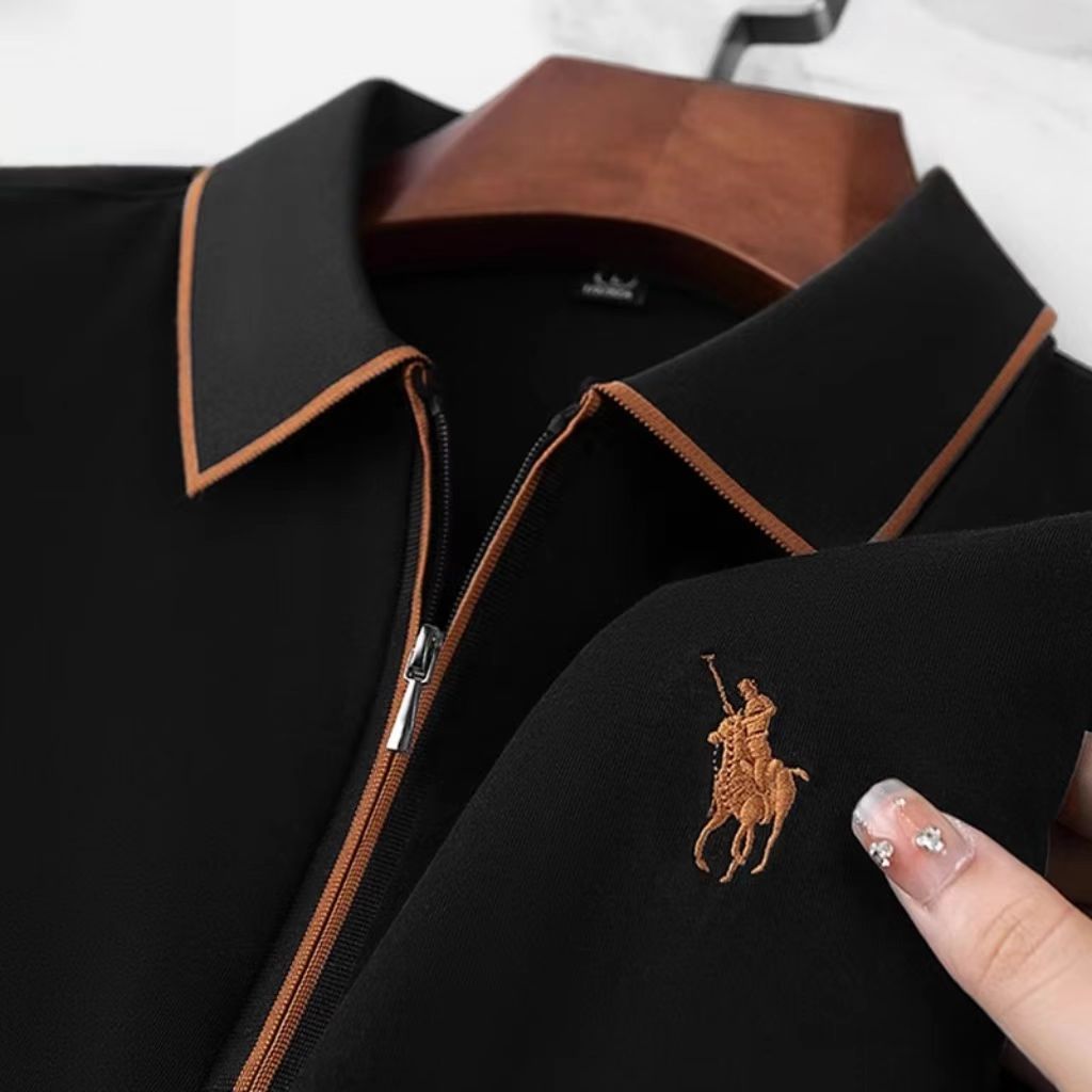 Plus size~Polo shirt Black POLO shirt Zipper design เสื้อโปโลแฟชั่น รุ่นซิปย้อนยุค แขนสั้นลำลอง HOT