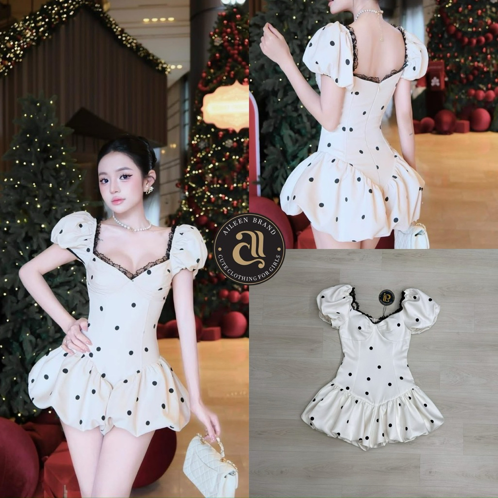 M12 งานป้าย Aileen Jumpsuit จั๊มสูทขาสั้นทรงบอลลูนลายจุด สำหรับผู้หญิง เสื้อผ้าแฟชั่นผู้หญิง ไซส์ Xs-L