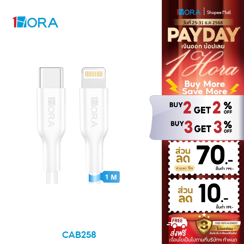 1Hora รุ่น CAB258/CAB272/CAB273 สายชาร์จ C-IP Lighting C-C รองรับ Cable TIPA C 3A 1M สีดำ - สีขาว