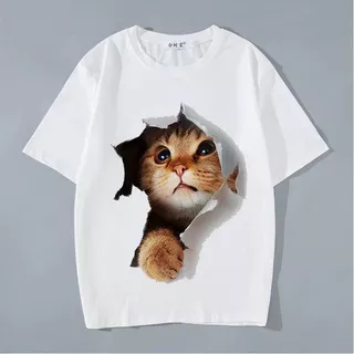 เสื้อยืดแขนสั้น สกรีนลายแมว สีขาว ES416-ES420