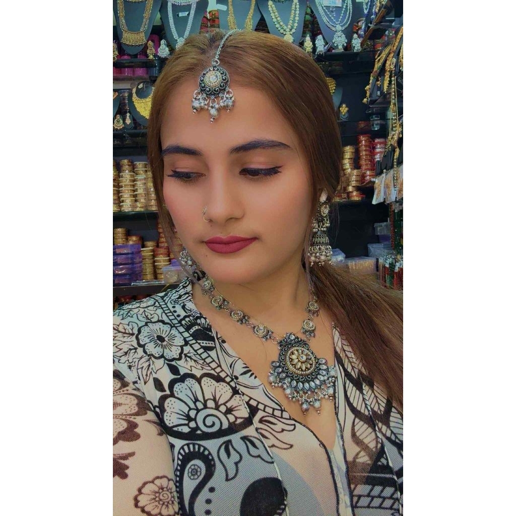 ชุดสร้อยคอต่างหูและหน้าผากอินเดีย งานลงควัน สีดำเงิน มี2แบบ สินค้าพร้อมจัดส่ง Indian Oxidized Set