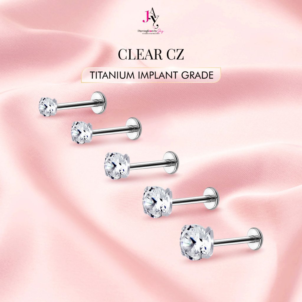 Piercingroom by Jay จิว/ต่างหูแป้นแบน สำหรับผิวแพ้ง่าย Clear CZ Titanium เกรดการแพทย์ (ราคาต่อชิ้น)