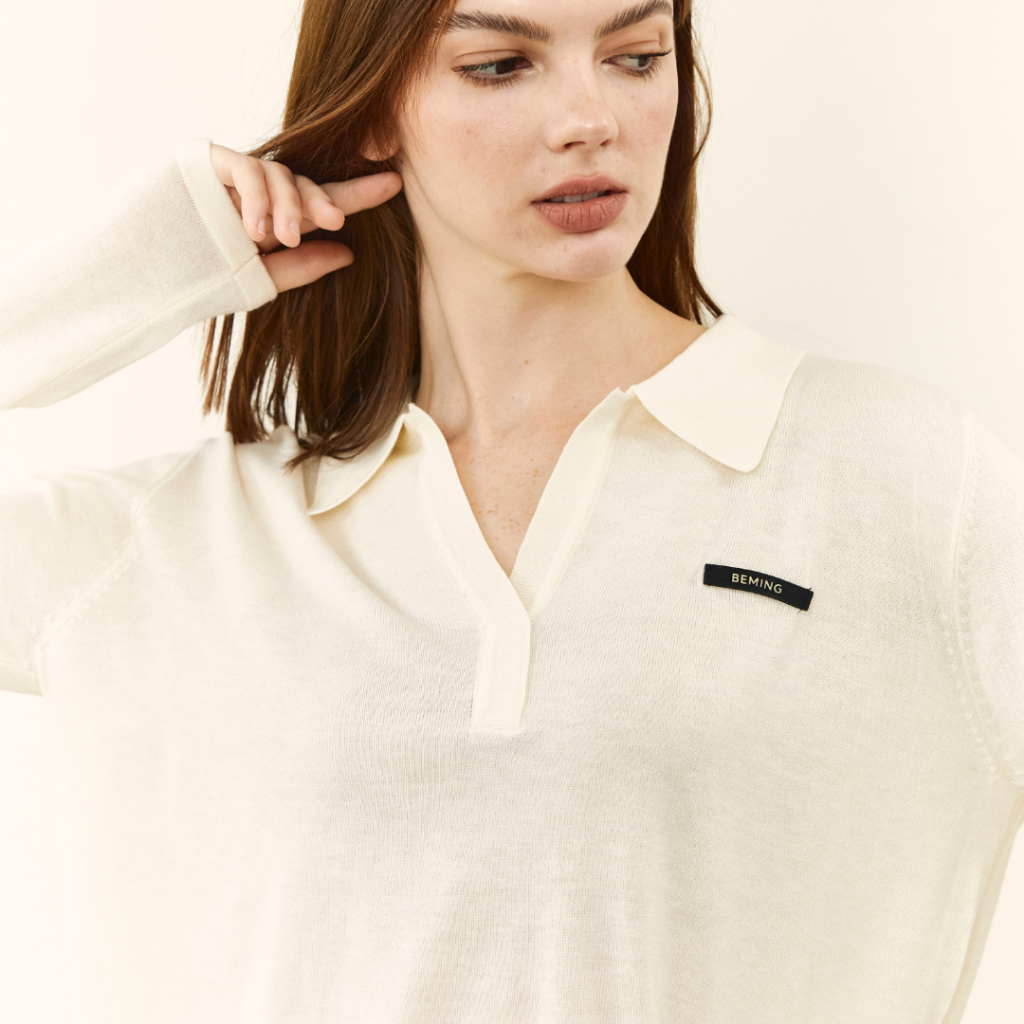 Bemingtop1087(S-2XL)-BMG Polo Longline - เสื้อแขนยาวคอปก ดีเทลคอวี ปักโลโก้ BEMING ด้านหน้า รูปที่ 3