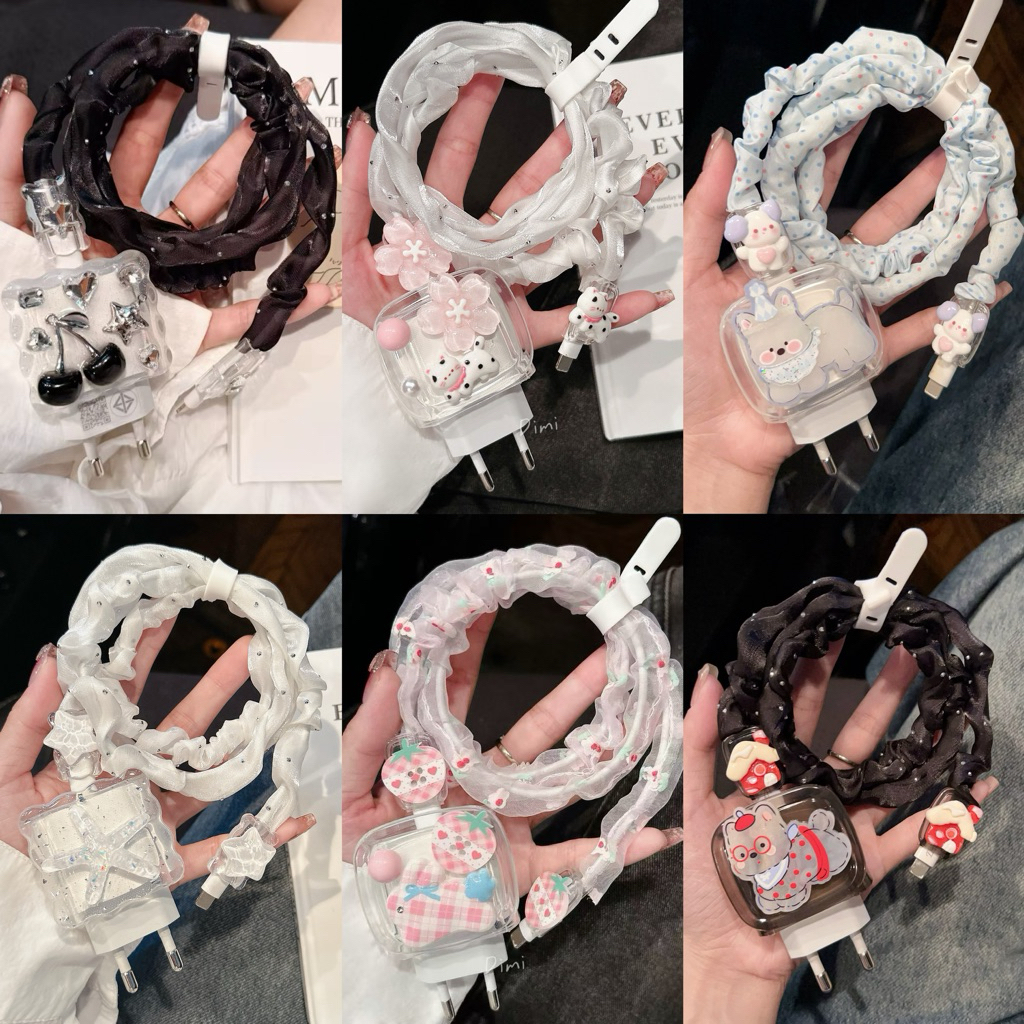 【 แมวดอกไม้ชมพู 】 ลายการ์ตูน ตัวถนอมสาย พร้อมส่งจากไทย ชุดพันสาย เคสหัวชาร์จ USB 20w 18w 35w