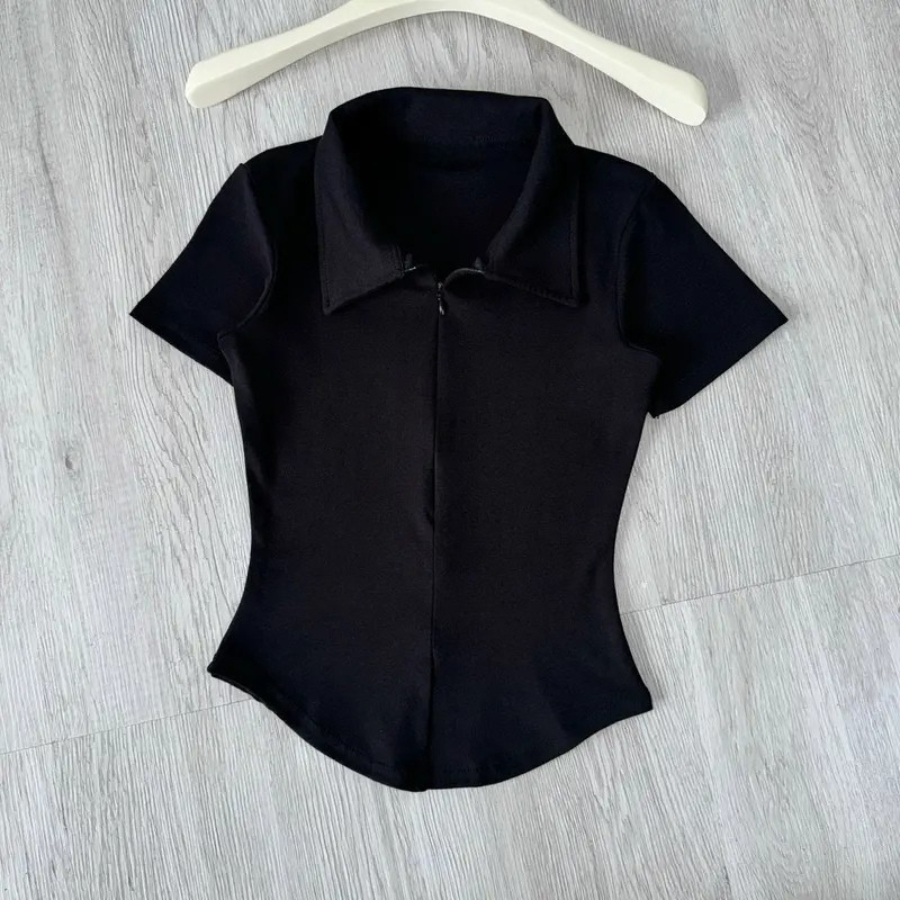 (Spring Season) Karants เสื้อยืดผู้หญิง สีพื้น คอปก มีซิป ทรงเข้ารูป ผ้าคอตตอนเนื้อนุ่ม - KR333 - รูปที่ 3