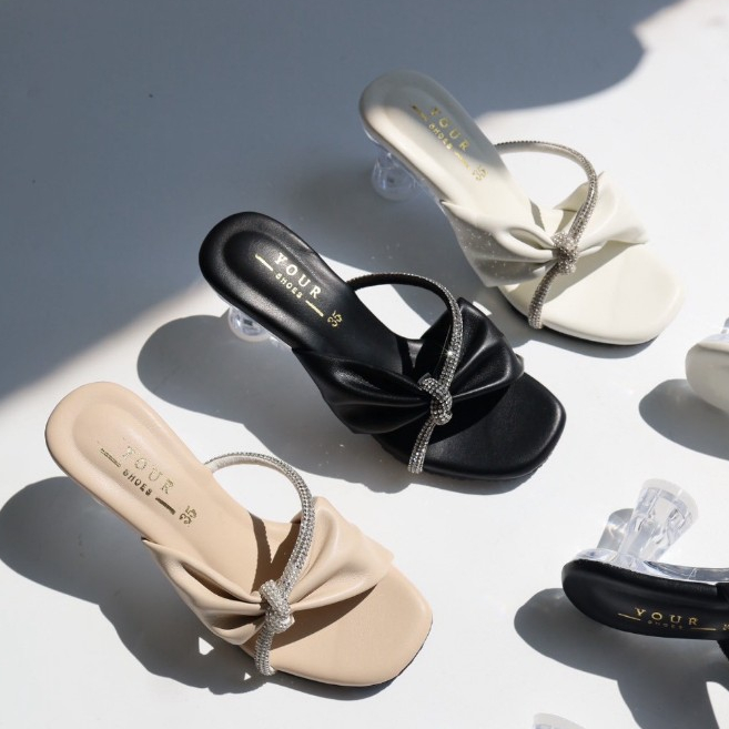 YOURSHOES O74 / รองเท้าส้นสูง 3นิ้ว รองเท้าหน้าโบว์ รองเท้าส้นแก้ว