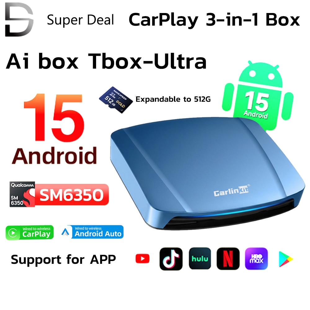 CarlinKit 2025 ใหม่ Android 15 Tbox-Ultra 8GB+128GB CarPlay Ai Box Wireless CarPlay Android Auto รองรับ Netflix YouTube