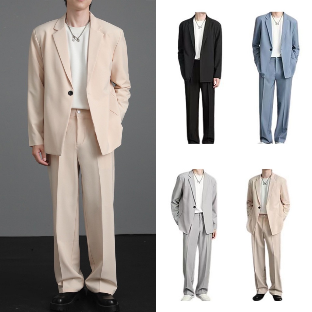Suit-M04 ชุดสูทผู้ชาย เสื้อ+กางเกง Blazer เสื้อสูทเสริมไหล่ ทรงเกาหลี ชุดสูททำงาน สูทใส่เที่ยว ชุดไปงานแต่ง