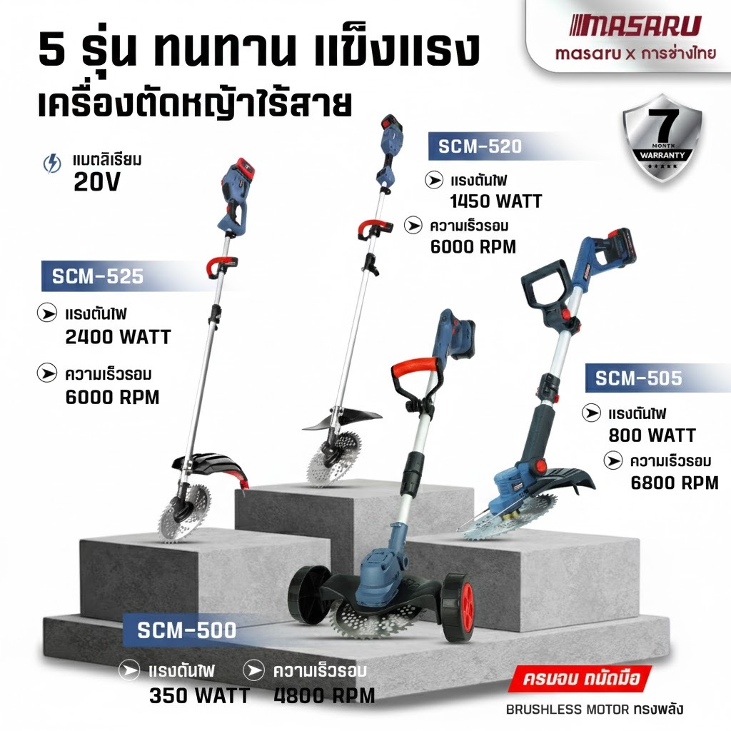 SCM500-505-520-525  เครื่องตัดหญ้า MASARU เครื่องตัดหญ้าไร้สาย เครื่องตัดหญ้าไฟฟ้าไร้สาย บลัสเลท