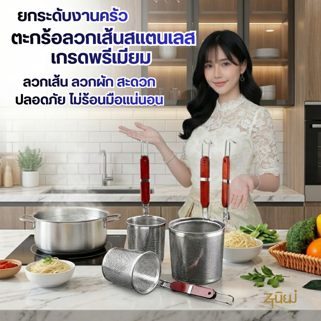 ตะกร้อลวกเส้นสแตนเลส ด้ามไม้ (เกรดพรีเมียม) กระชอนลวกก๋วยเตี๋ยว มีให้เลือก 4 ขนาด (12-18 ซม.) ทนทาน ไม่เป็นสนิม พร้อมส่ง
