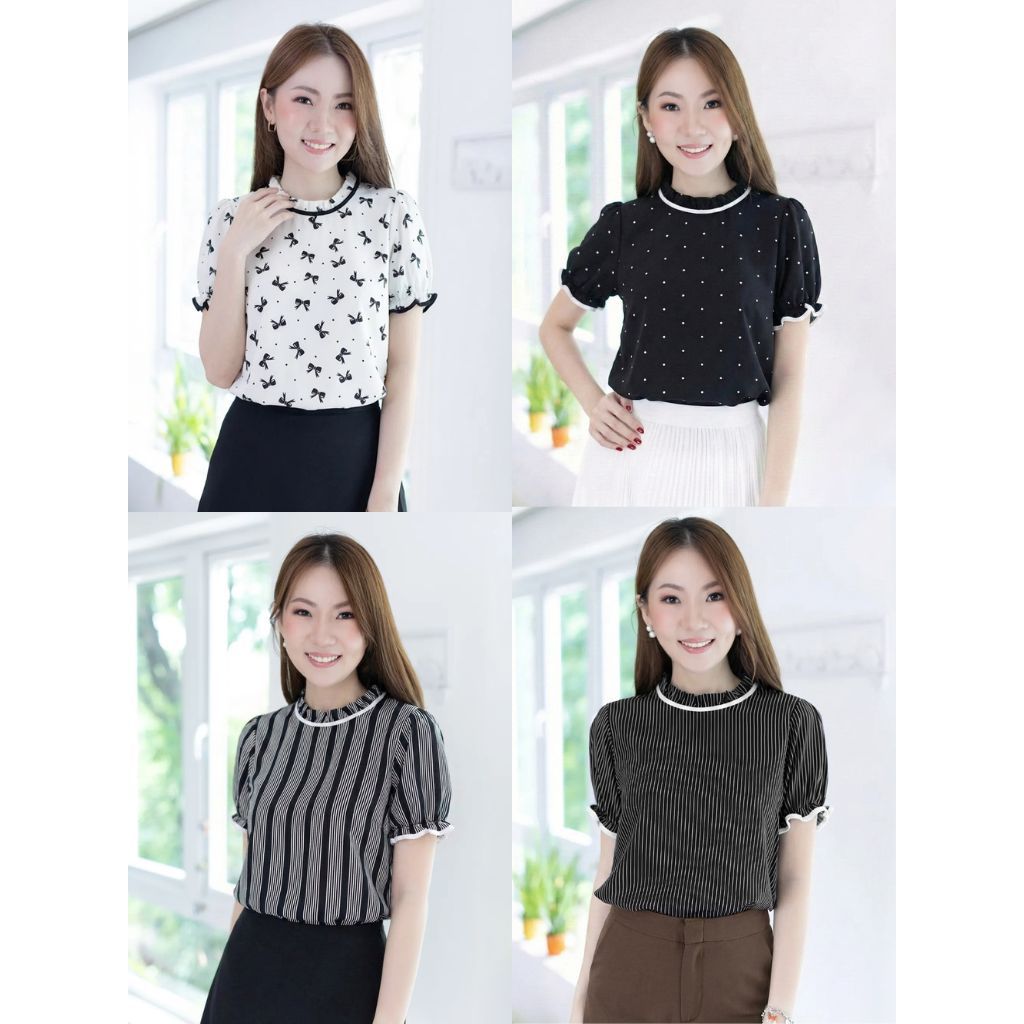 Narinari : MT6753 Ruff Collar Puff Sleeve Blouse 🖤🤍 ดำ-ขาว