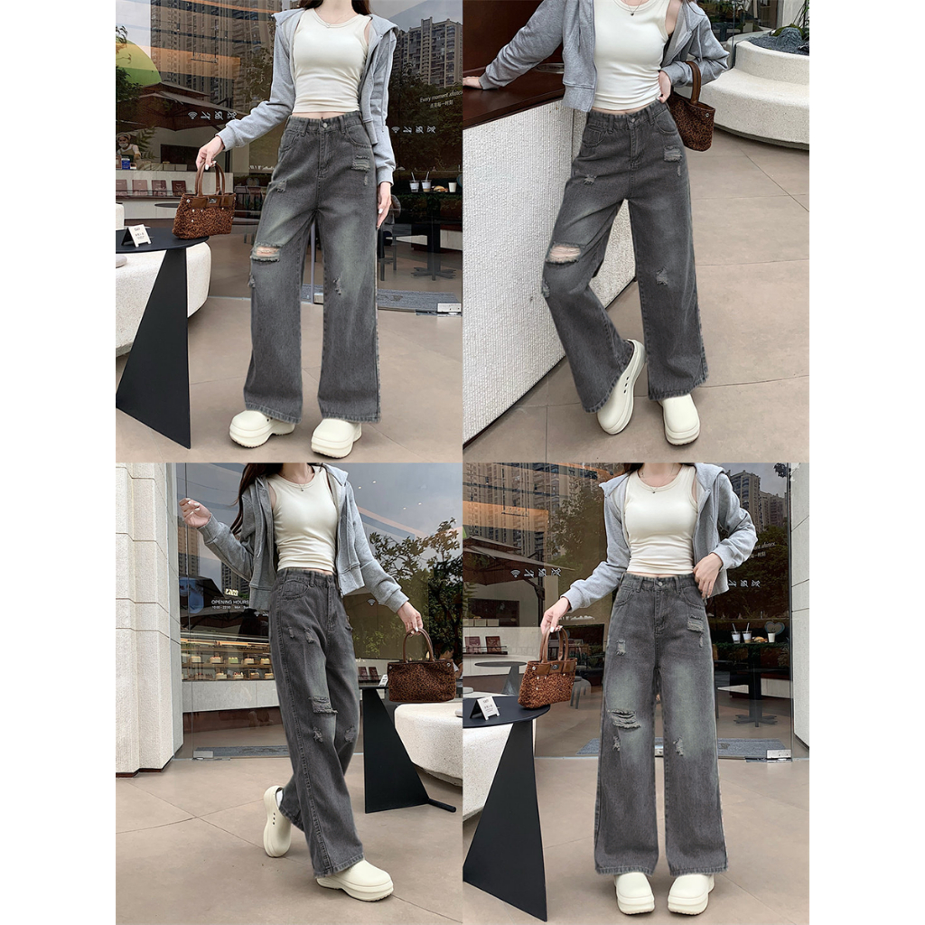 S~5XL Irregular Ripped jeans Grey Denim กางเกงยีนส์ขาดสีเทาสไตล์เรโทรอเมริกัน กางเกงยีนส์ลำลองหลวมขาตรงเอวสูง HOT