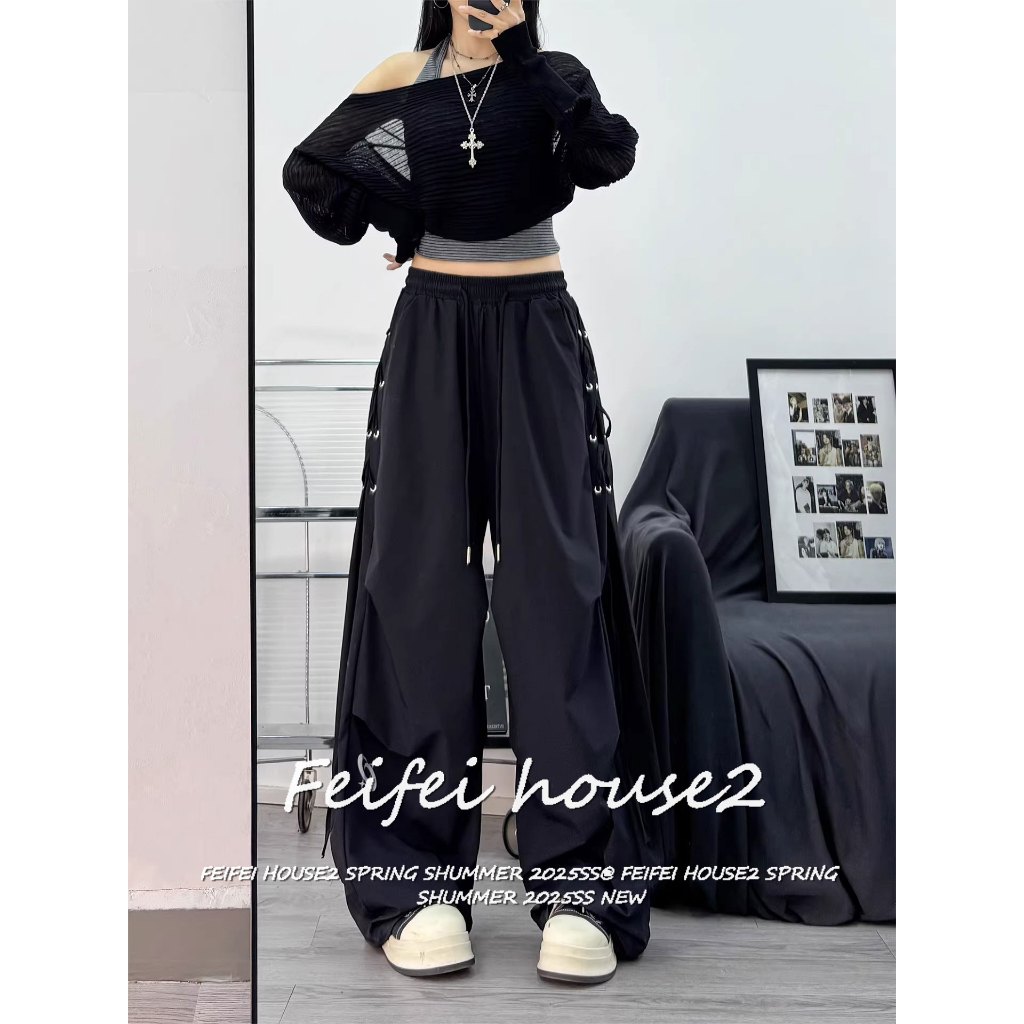 [Women's Street Style Track Pants]สไตล์สตรีทฤดูร้อนผู้หญิงกางเกงขายาวทรงหลวมหลวมจีบระบายสำหรับ