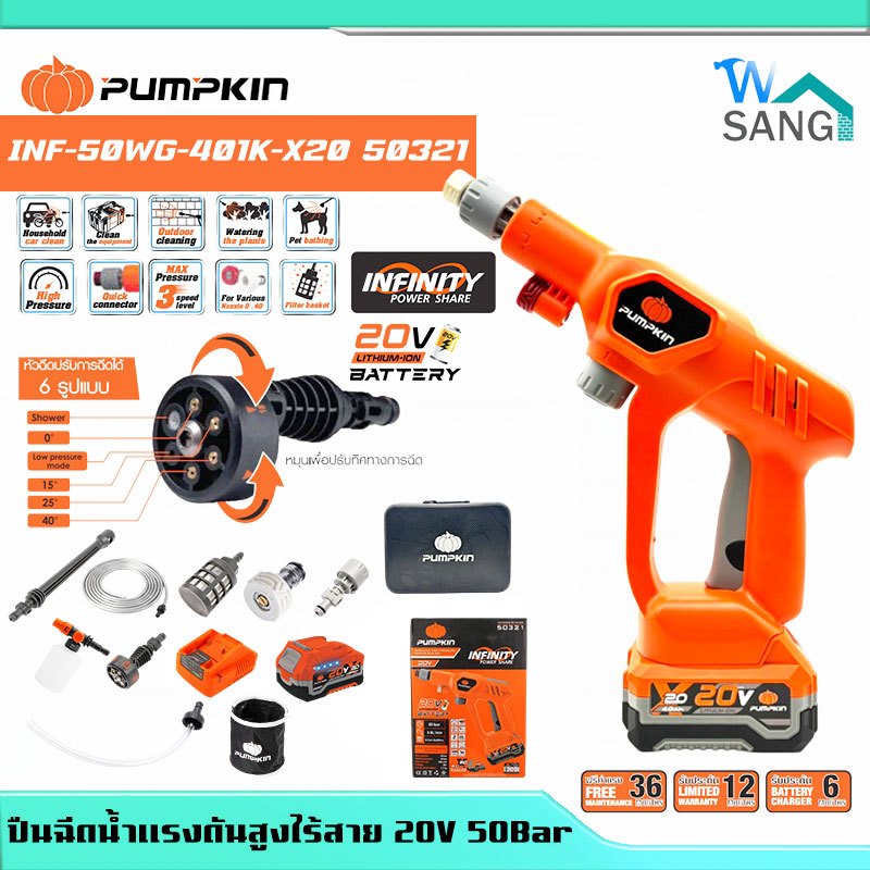 ปืนฉีดน้ำแรงดันสูงไร้สาย PUMPKIN รุ่น INF-50WG-401K-X20 (50321) 50บาร์ 20Vพร้อมแบต4.0Ah รับประกัน1ปี @wsang