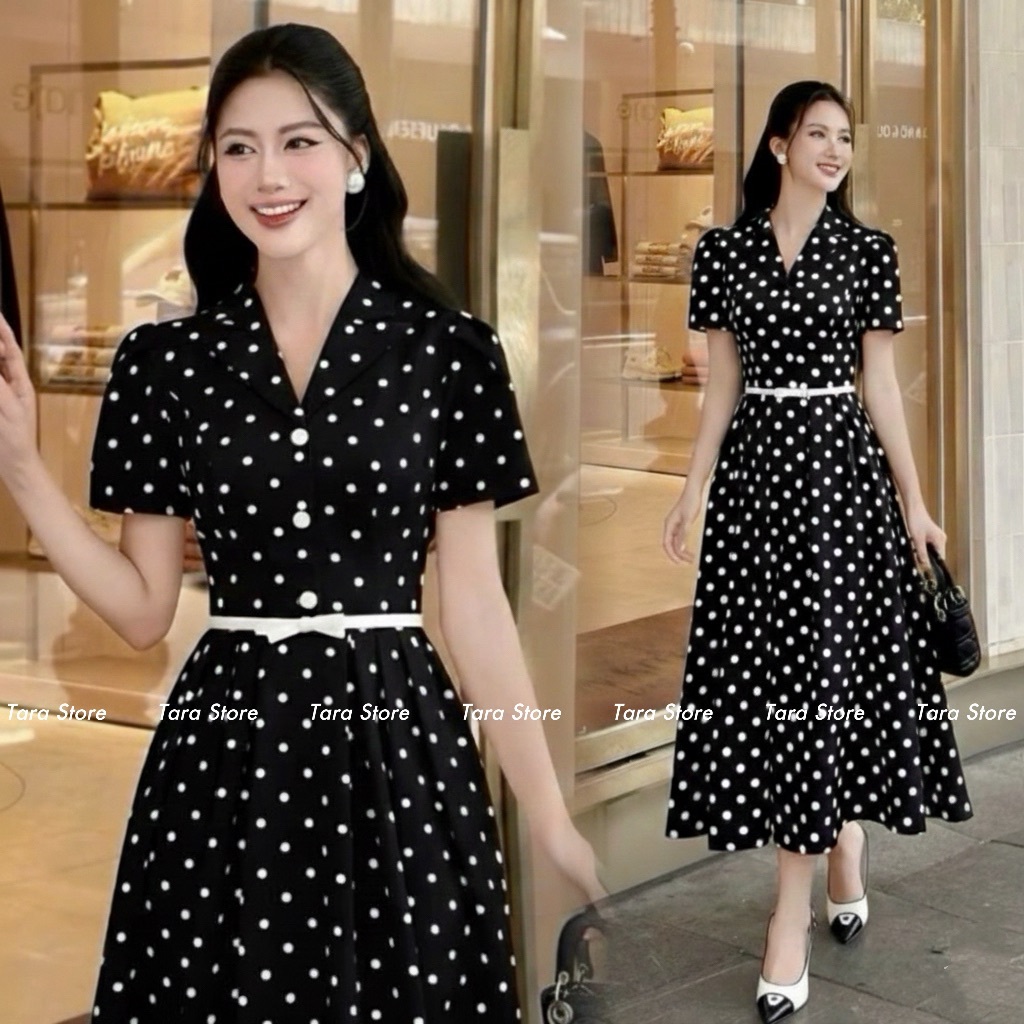 Tara Store เดรสดำลายจุดขาว พรีออเดอร์ #G806