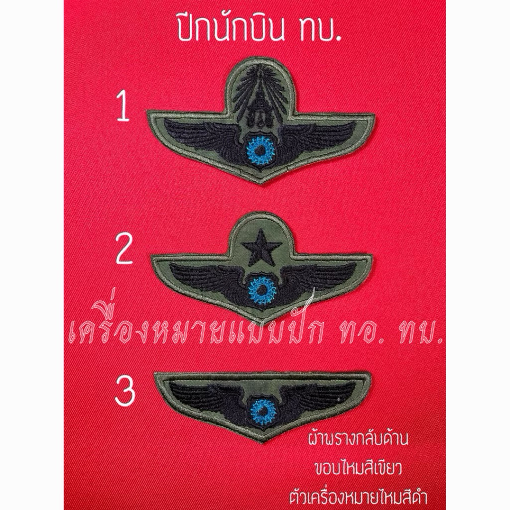 ปีกนักบิน ทบ. ผ้าเขียว ขอบไหมสีเขียว ตัวเครื่องหมายไหมสีดำ  (งานไล่ตามลำดับชั้น สั่งซื้อยึดหมายเลขด้านข้างเป็นหลักค่ะ)