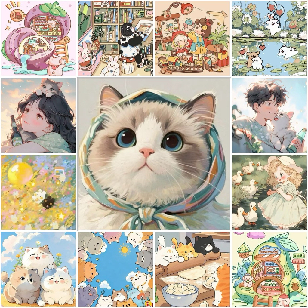 ภาพระบายสีตามตัวเลข DIY 20×20 ซม. พร้อมเฟรมไม้ | Paint by Numbers สัตว์น่ารัก การ์ตูน 48 ลาย