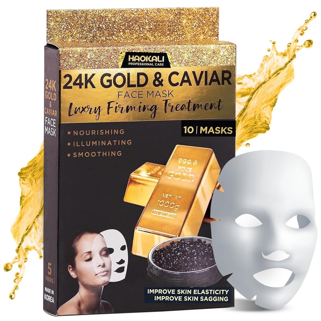Haokali 24K Gold & Caviar Face Mask Luxury Hydrating Treatment 10sheets แผ่นมาส์คหน้ากระจ่างใสเนียนนุ่ม