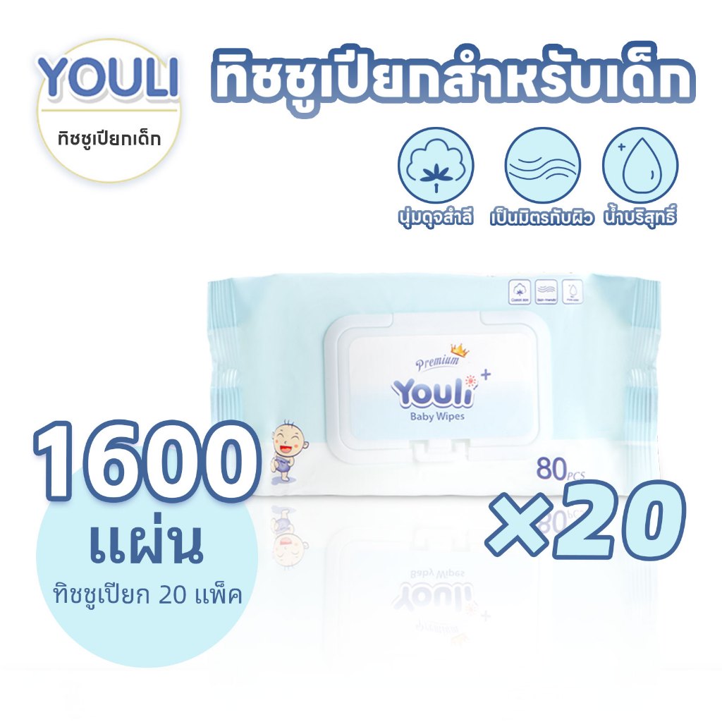 【20 แพ็ค】YOULI 1600ชิ้น กระดาษเปียก Baby Wipes ทิชชู่เปียกสําหรับเด็ก กระดาษเปียก ทิชชูเปียก ทิชชู่ ราคา ถูกที่สุด ดีลบีเคเค