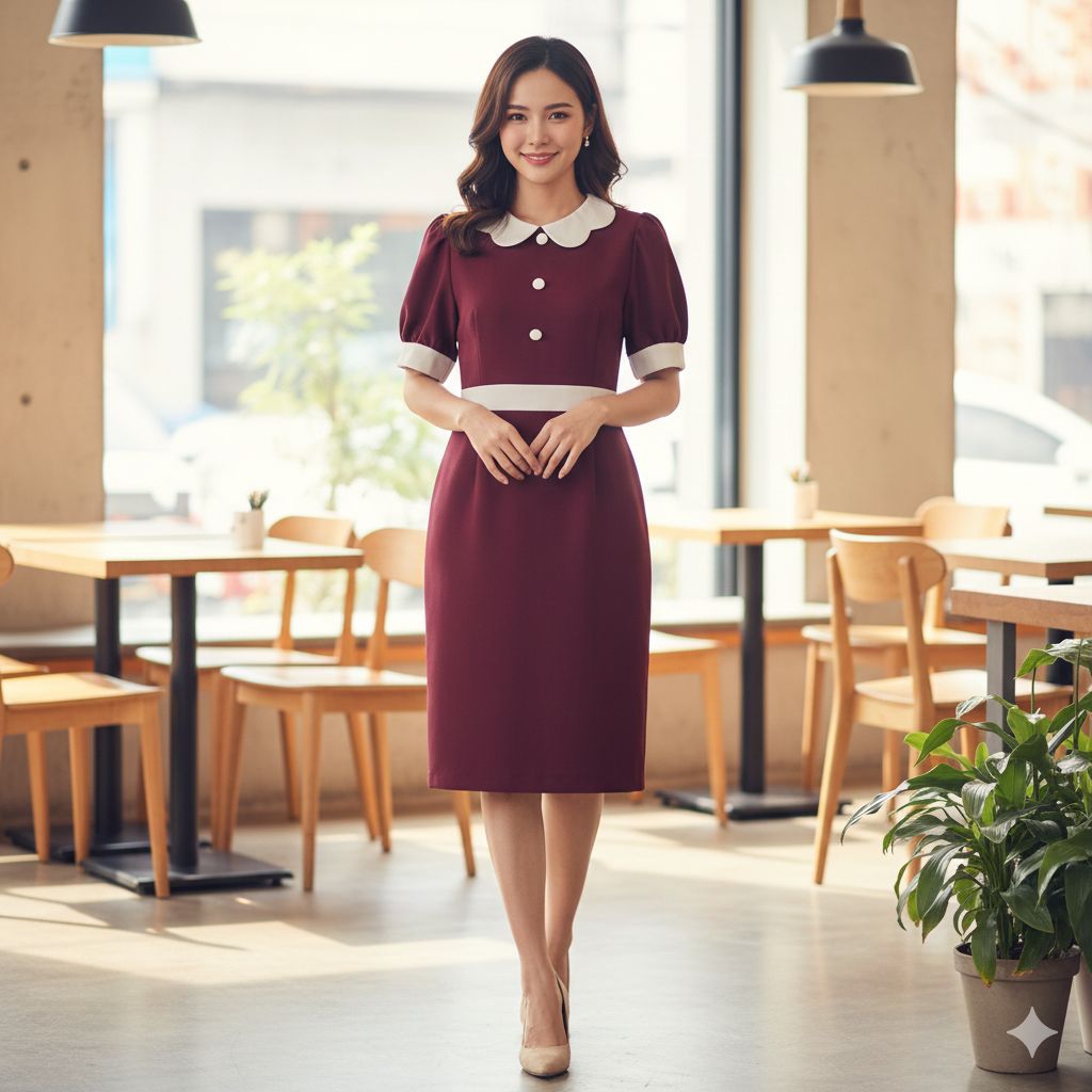 AP STYLE เดรสทำงานสีแดงไวน์ตัดขอบขาว แขนตุ๊กตา ไซส์ L-XLต้น