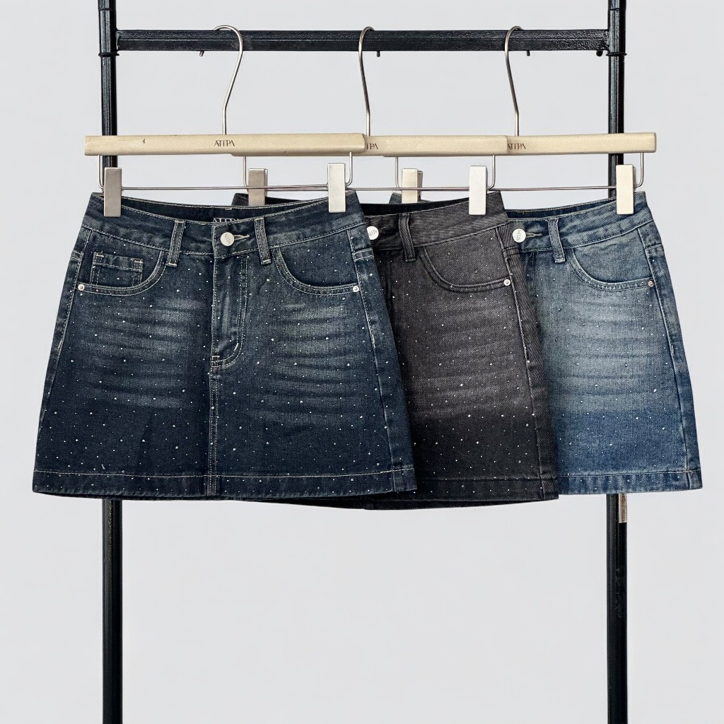 Atipashop - DIAMANTE MINI SKIRT (#ATP615) กระโปรงยีนส์สั้น ดีเทลเพชร สีเฟด