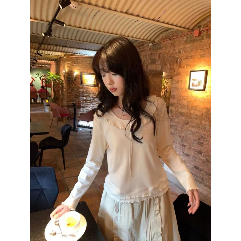 ❤sweet❤~ผู้หญิง เวอร์ชันเกาหลี ลูกไม้ปัก แขนยาว ใบบัว เสื้อยืด