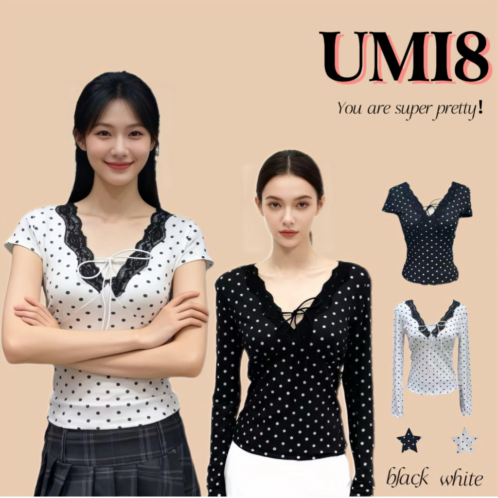 UMI8💝[ในสต็อก]💝 เสื้อยืดแขนสั้นสีขาวลายจุดสำหรับผู้หญิง ตกแต่งด้วยลูกไม้ สไตล์ฝรั่งเศส ทรงเข้ารูป เหมาะสำหรับสาวร่างเล็ก