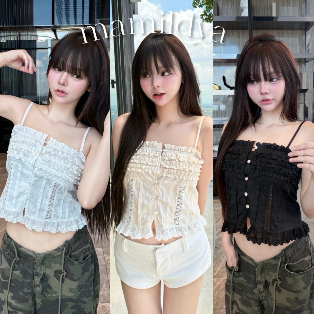 🌟Mamildya.shop🌟 เสื้อสายเดี่ยว แต่งระบายชั้นๆ แต่งลูกไม้/ J2-3/NUSA-อกหยัก⚫