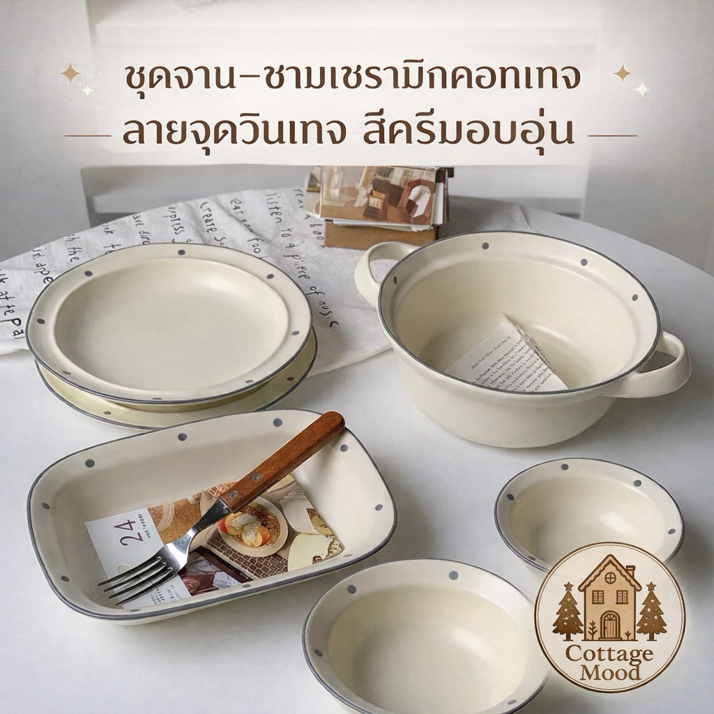 ชุดจาน–ชามเซรามิกคอทเทจ สีครีมอบอุ่น ลายจุดวินเทจ เติมเสน่ห์ความอบอุ่นให้มุมทานอาหารของบ้านคุณ