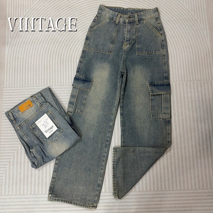 Vintage รุ่น #7230 กางเกงยีนส์ คาร์โก้ ทรงกระบอก แต่งเฟดขา ทรงสวยผ้าไม่ยืด กระเป๋าตรง 2 ใบ