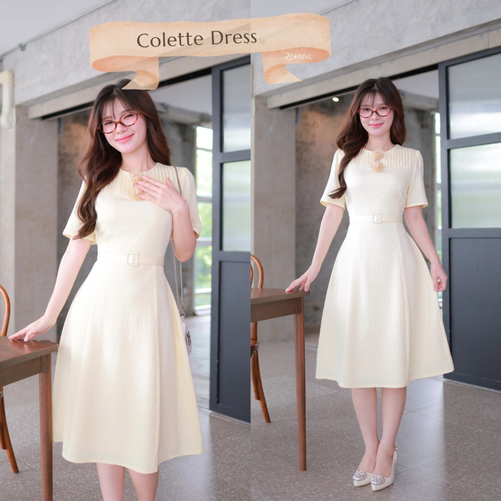 "Romi"Oil" Colette Dress (Yellow) K314 ชุดเดรสสีเหลือง (แต่งดอกไม้ที่อกมีเข็มขัด)