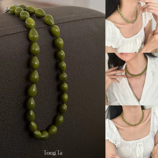สร้อยคอลูกปัด olive ทรงหยดน้ำ สีเขียวมะกอก🫒🫒 (พร้อมส่ง) TongTa.store