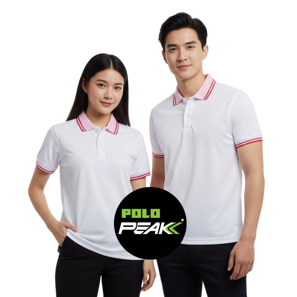 เสื้อโปโลสีขาว ปกชมพูริ้วบานเย็น 2 เส้น