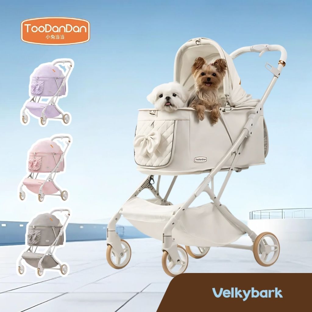 VELKYBARK [พร้อมส่ง] Toodandan รถเข็นสัตว์เลี้ยงพรีเมี่ยม ตกแต่งโบว์ น่ารัก สไตล์เกาหลี พับทั้งคัน รถเข็นสุนัข รถเข็นแมว