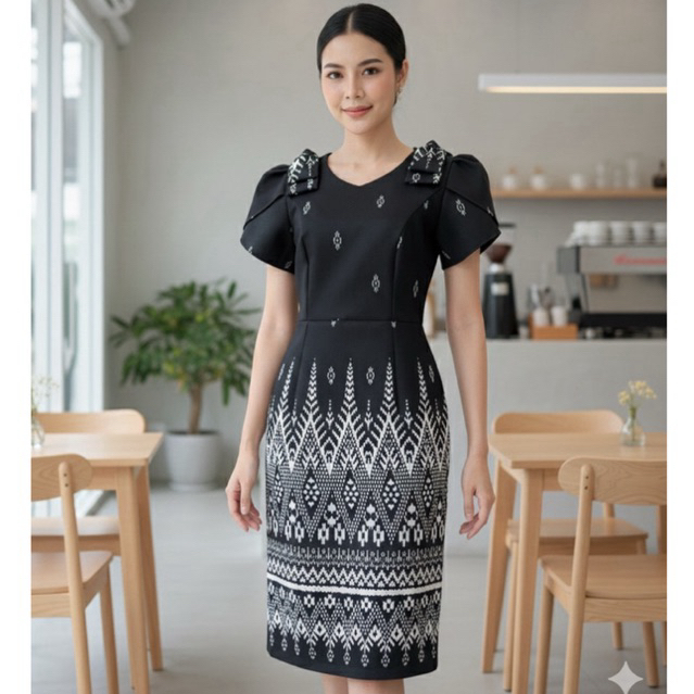 #เดรสผ้าทออัดกาว สีดำลายใหม่ ลายมัดหมี่ โบว์ไหล่ กระโปรงทรงเอผ่าหลัง