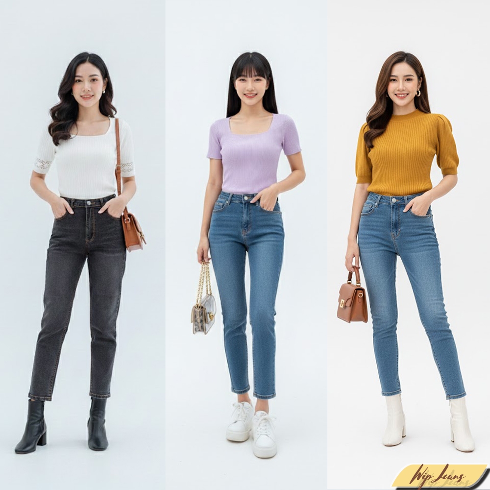 กางเกงยีนส์ผู้หญิงทรงบอยเอวสูงผ้ายืดทรงยอดฮิตแฟชั่นขายาว boyfriend slim fit กางเกงยีนส์ผู้หญิง F017