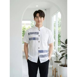 เสื้อพื้นเมืองผู้ชายคอจีน ลายไทยทูโทน