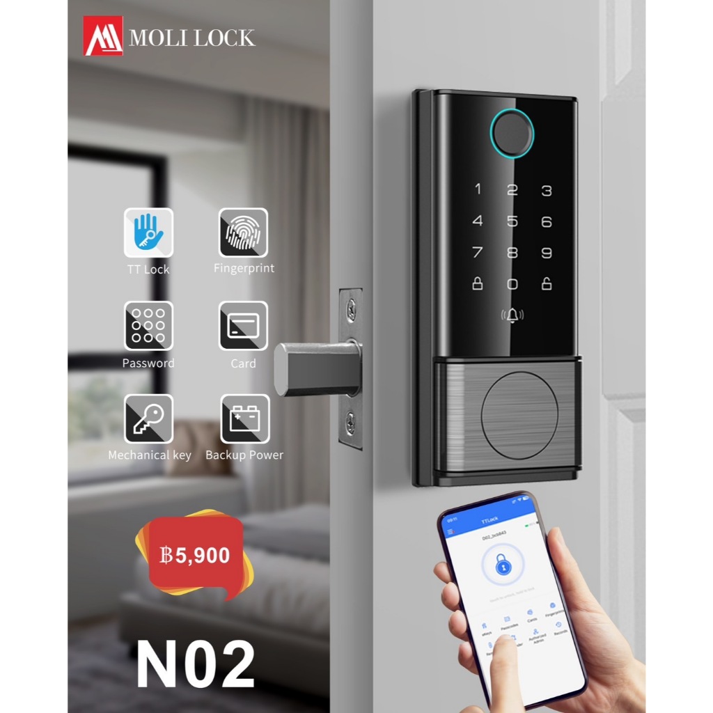 Digital Door Lock รุ่น N-02 TT Lock รุ่นใหม่ปี 2026 Deadbolt กลอนฝั่งในประตูแบบดิจิตอล