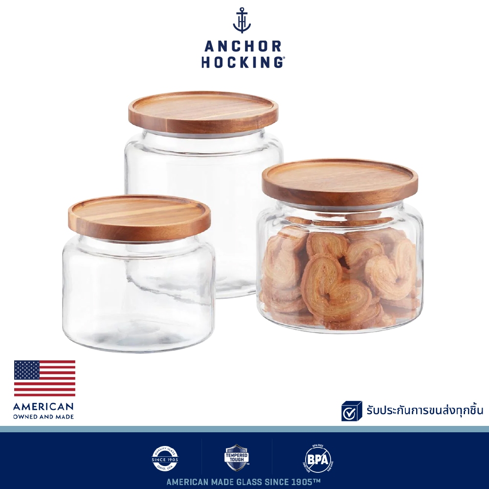 โหลแก้วกลม โหลมินิมอล ฝาไม้  Montana 3 ขนาด  Anchor Hocking นำเข้าจากสหรัฐอเมริกา (ราคา/1ชิ้น)