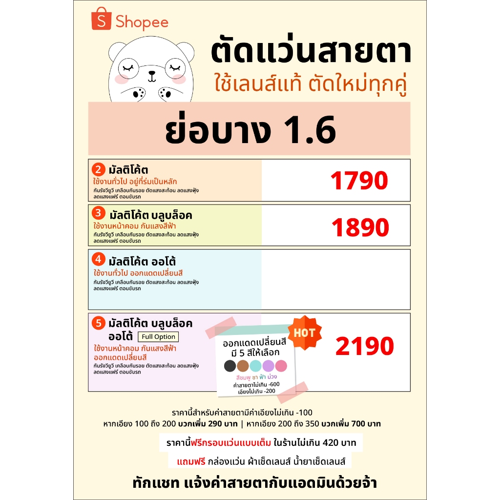 แว่นสายตา ตัดเลนส์ มัลติโค้ต ย่อ 1.6 สายตาสั้น สายตายาว หมีใส่แว่น