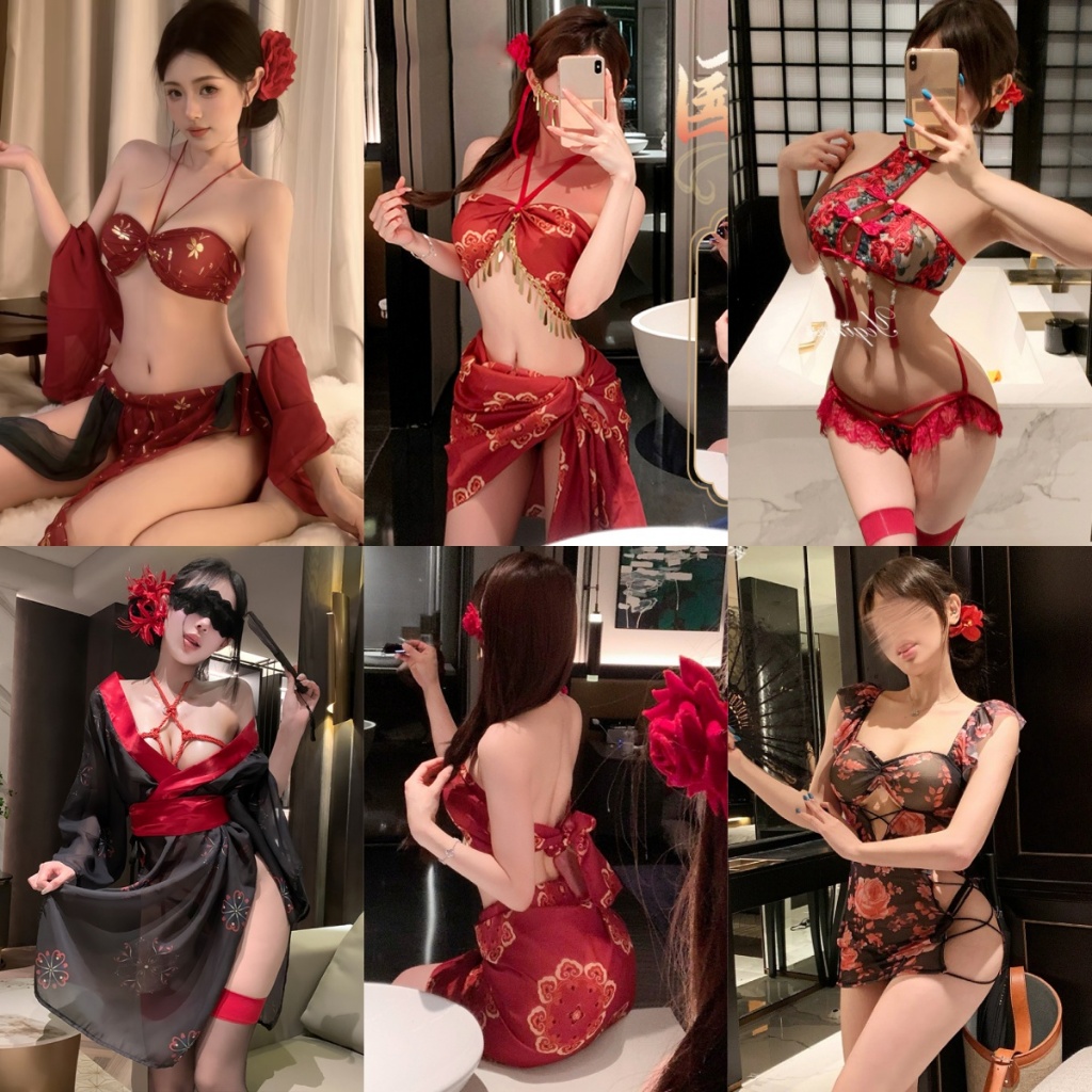 ชุดคอสเพลย์  ชุดฮั่นฟู/ฉีเปาสีแดงลายดอกไม้  ชุดยั่ว  หลากหลายสไตล์  ยั่วยวนสามีของคุณ