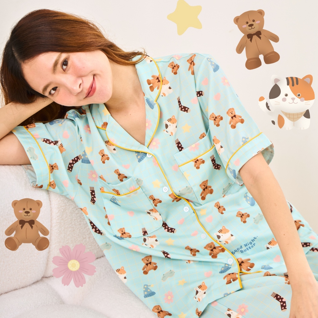 (มีส่งด่วน)Gnight.Butter Pajamas l ชุดนอนสีฟ้า ลายหมีแมว กันโป๊โนบราได้ ไม่ต้องรีด (มีไซส์ใหญ่)