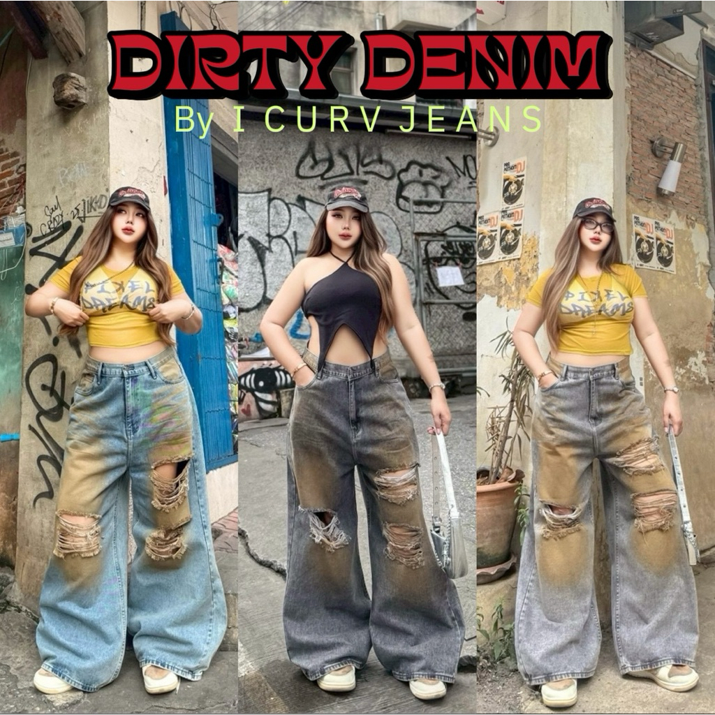 /LC/ กางเกงยีนส์สาวอวบ รุ่นDirty แต่งเลอะสนิม ขากว้างทรงBaggy สีสวย โดดเด่น มีสไตล์ เก็บทรงสวย ใส่สบาย #พลัสไซส์