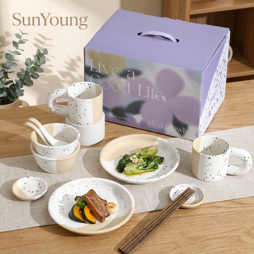 SunYoung ชุดจานชามเซรามิก สไตล์เกาหลี 🇰🇷 ลายจุดสาดสี แก้วหูอ้วน มินิมอล ของขวัญ 🎁 เข้าไมโครเวฟได้