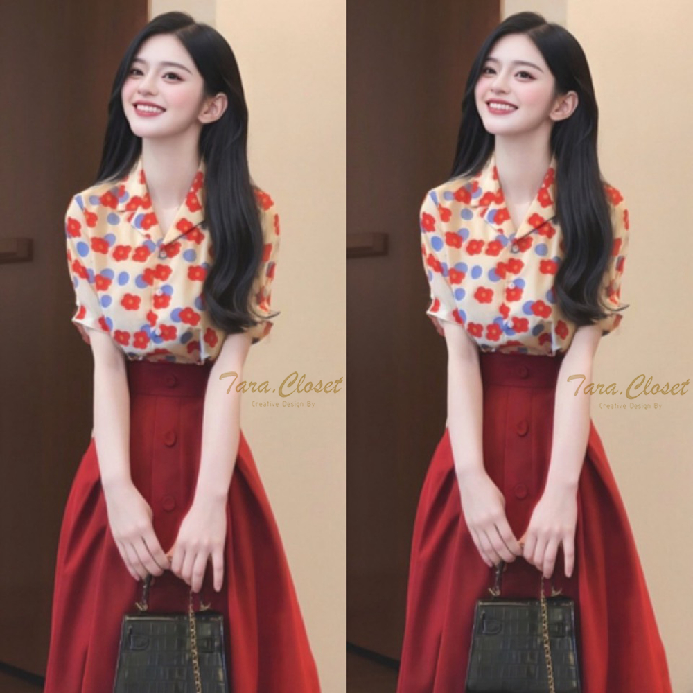 IT118 TARA Hawaii เสื้อเชิ้ตปกฮาวาย ลายดอก แขนตุ๊กตา กระดุมหน้า เนื้อผ้าไหมอิตาลีพิมพ์ลาย ผ้าดี ใส่สบาย ไม่ร้อน