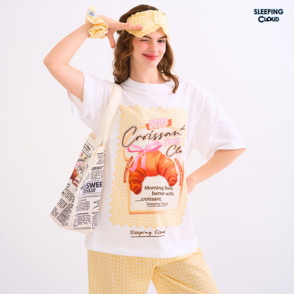 ชุดนอน SLEEPING CLOUD |  7 DAYS T-SHIRT + 100% LYOCELL Pants : เสื้อยืดขาว + ขายาว Croissant