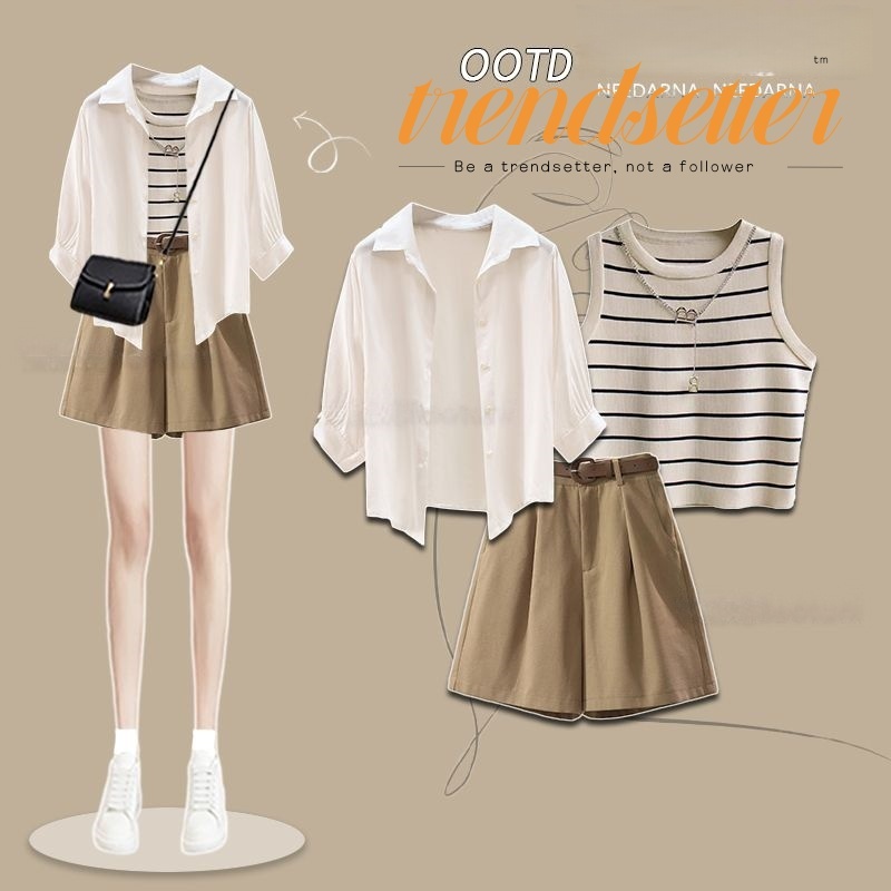 NEW🌞ชุดเซท3ชิ้น✨เสื้อ+เสื้อกั๊ก+กางเกงขาสั้น น้ำตาล น่ารักมากก แฟชั่นสไตล์เกาหลี🌸เหมาะสำหรับสาวอ้วนด้วย ขนาดM-3XL