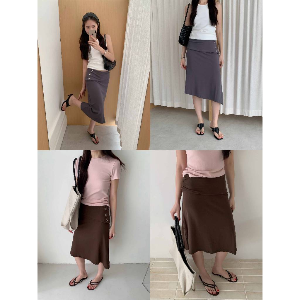 INBYIN – A-line midi skirt with side button detail – กระโปรงแต่งอะไหล่ตาไก่ I2972