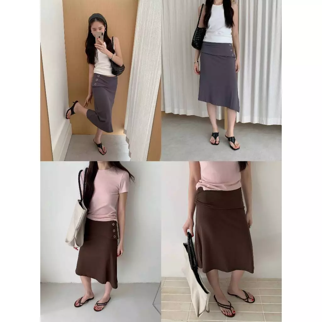 INBYIN - A-line midi skirt with side button detail - กระโปรงแต่งอะไหล่ตาไก่ I2972
