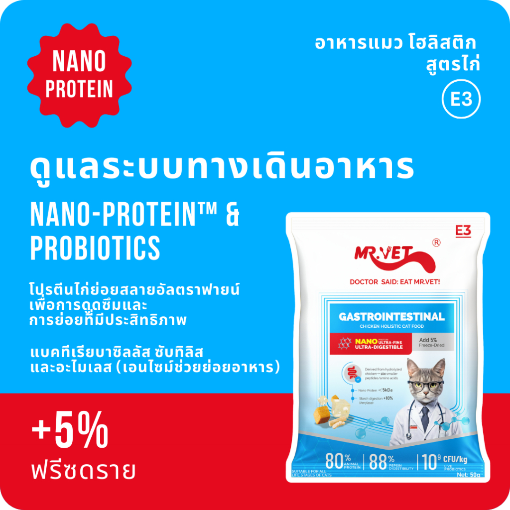Mr.vet E3 Nano-Protein™ อาหารแมวแห้ง 50G ย่อยง่าย ดูดซึมเร็ว เสริมโปรไบโอติก บำรุงระบบย่อยอาหารและลำไส้แข็งแรง